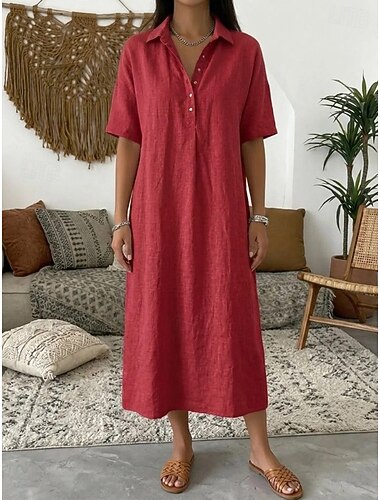  robe midi femme, robe chemise, robe d'été, robe de vacances, style bohème décontracté, tenue de tous les jours, tenue de soirée, coupe ample, manches courtes, col à revers, bleu, gris, rose, noir, jaune, été, printemps