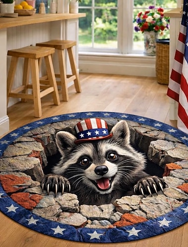  Tapis rond commémoratif du 250e anniversaire des États-Unis, motif raton laveur imprimé en 2D, illusion d'optique 3D, coiffé d'un chapeau américain, traversant un ciel étoilé, bordure en pierre, décoration intérieure idéale