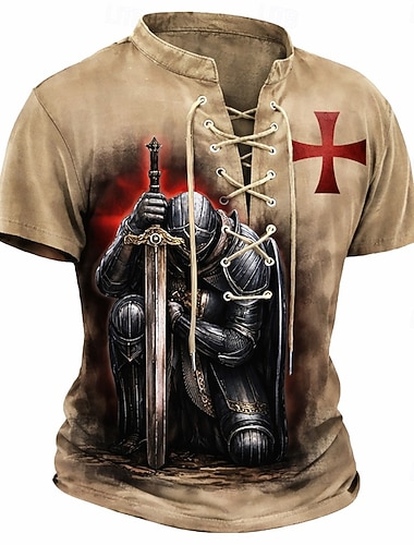  Herren Kreuzritter kniender Ritter Tempelritter Mittelalter Vintage T-Shirt All Over Print Schnür- V-Ausschnitt Ehrenkrieger Kurzarm Top Retro Streetwear Designer Kleidung