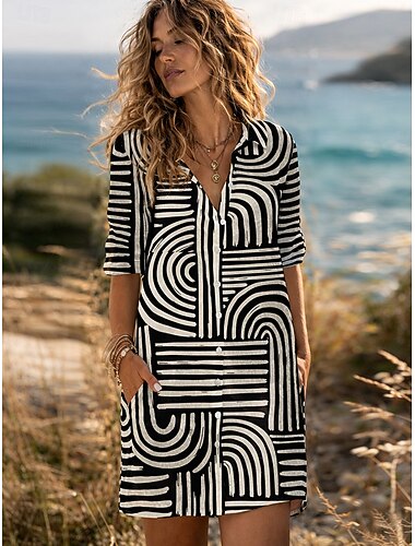  Per donna Mini Abito Abiti effetto lino Abito Camicia Vestito Casual Abito Stampato Moda Moderno Quotidiano All'aperto Weekend Vestibilità regolare Linea Manica 3/4 Colletto a Camicia Nero Estate