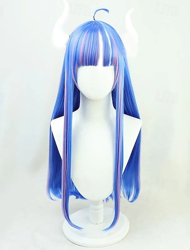  Peruca longa azul com mechas rosa, perfeita para cosplay de aventureiro(a) do oceano.