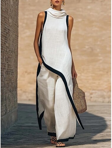  Dámské Sady kalhot Imitace bavlny a lnu Bez rukávů Krátký rukáv Stojáček Pevná barva Módní Šik ven Ležérní Denní Venkovní Vodní modrá Černá Bílá Jaro léto Volný