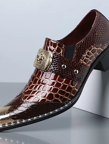  Donkerbruine herenschoenen van imitatieleer met gesp – geklede schoenen met krokodillenprint, geschikt voor zakelijke gelegenheden, bruiloften en formele gelegenheden.