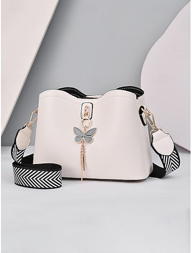  Damen-Umhängetasche aus Kunstleder mit verstellbarem Riemen, Schmetterlingsanhänger, mehrfarbige, schicke Freizeittasche für den Alltag, den Weg ins Büro und Urlaubsausflüge