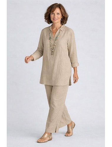  Per donna Abbigliamento da Casa Completi Essenziale Casual Comfort Colore Puro Camicia Pantalone Quotidiano Casa Vacanza Manica Lunga Bavero Nero Marrone Cachi Blu scuro Estate Primavera