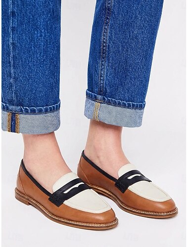  Dames Kleurblok Penny Loafers - Stijlvolle Marineblauwe Roze  Rode Echte Leren Flats voor Dagelijks Kantoorgebruik Casual Campusoutfits  Chique Straatmode