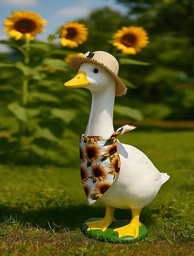  Conjunto de roupa de verão com estampa de girassol para ganso de varanda grande, chapéu de palha e bandana, roupinhas fofas para ganso de jardim, ideal para decoração externa. Estátua de ganso não