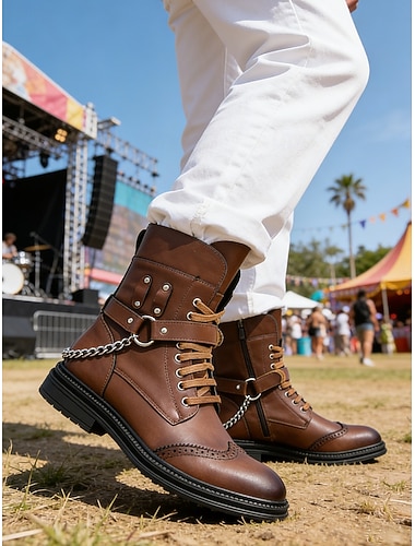  Bottines de combat marron pour homme, à lacets, fermeture éclair latérale et chaînette, idéales pour les festivals de musique, les concerts, les événements en plein air, le streetwear, les soirées et un style affirmé et robuste.