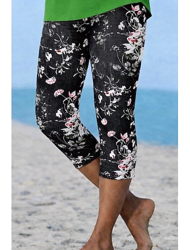  Dame Capri-bukser Leggings Ferie Mote Hawaiisk Kalv lengde Medium Midje Blomstret Grafisk Printer Trykt mønster Komfort Myk Pustende Elastisk Avslappet Daglig Feriereise Svart Sommer Vår Slank Fasong