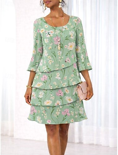  Dam Ljusblå Ljusgrön Orange Sommar Vår Mini klänning Skiftklänning Ledigt Formell Normal Blommig Grafisk Rund hals