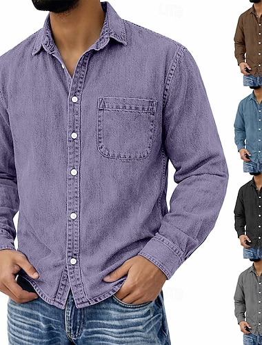  Herren Hemd Freizeithemd Vintage-Shirt Knopfhemd Hemd aus 100 % Baumwolle in Säurewaschung Blau Schwarz Hellgrün Wein Marineblau Langarm Einfach Revers Streetwear Ausgehen Tasche Bekleidung Baumwolle