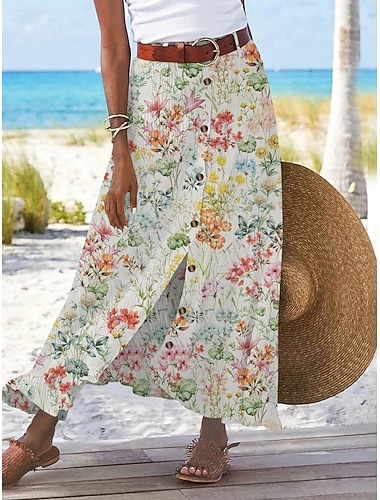  Damen Urlaubsrock Mode Lässig Maxi Hohe Taille Röcke Blumen Buchstabe Druck Unelastisch Täglich Straße Weiß Gelb Rosa Sommer Polyester