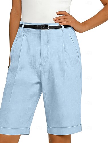  Dam Shorts Linne Shorts Klänning Shorts Sommarshorts Semester Mode Grundläggande Knelängd Medium Midja Slät Ficka Elastisk midja Rakt ben Lättvikt Bekväm Andningsfunktion Oelastisk Dagligen Gata