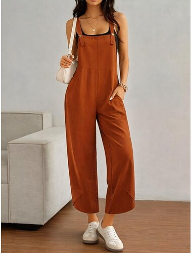  Damen Normal Latzhose Urlaub Feste Farbe Ärmellos Ärmellos Gerade Quadratischer Ausschnitt Tasche Urlaub Alltagskleidung Lockere Passform Schwarz Armeegrün Rote Frühling