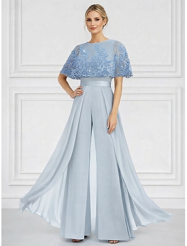  Buksedrakt Gulvlengde Formell kjole Kjole til brudens mor Kortermet Crew-hals Elegant Enkel Utsmykket Formell Bryllupsgjest Kirke Chiffon med Perlearbeid Appliqué