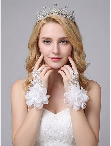  Women's Bridal Gloves, Polyester Material, Multi-Color, Petal Flower Design with Rhinestone Accent, Elegant Lace Gloves Perfect for Weddings, Parties and Special Events