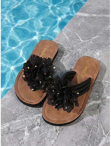  Romantische witte teenslippers met bloemenprint voor dames - comfortabele platte slippers met grote bloemenapplicatie met stippen, perfect voor een dagje zwembad in een luxe hotel of een