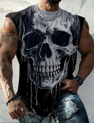  Ärmelloses Herren-T-Shirt mit Totenkopf-Print, Allover-Print, Hardcore-Biker-Tanktop, Grafik-Muskelshirt, Streetwear-Designerkleidung, Größen S, M, L, XL, XXL, XXXL