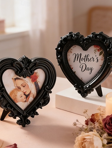  Schwarzer Herzrahmen aus Kunstharz zum Muttertag, kunstvoll verzierter 3D-Fotorahmen, Tischdekoration, Partydekoration, Fotorequisite, Geschenk für Mama