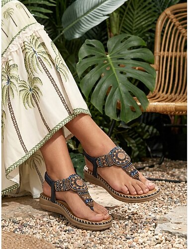  Dames Vakantie Buitenresort Strass Kralen Platte hak Ronde Teen Bohemen Vakantie Imitatieleer Leegloper Blauw Bruin