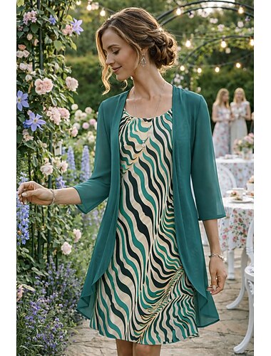  Damen Kleid-Set A Linie Kleid Elegant Urlaub Grafik Abstrakt Geschichtet Druck Midikleid Dreiviertelarm Rundhalsausschnitt Täglich Urlaub Rosa Purpur Grün Sommer Frühling Normale Passform