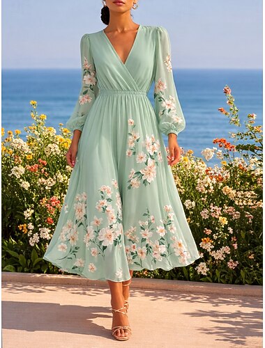  Damen Midikleid Faltenkleid Figurbetontes Kleid Geburtstag Lässig Formell Büro Date Normale Passform Blumen Grafik Langarm V Ausschnitt Hellgrün Sommer Frühling
