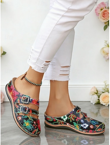  muli da donna con doppia fibbia e motivo floreale nero - scarpe casual leggere e comode per l'estate, le passeggiate, il giardino e l'uso quotidiano