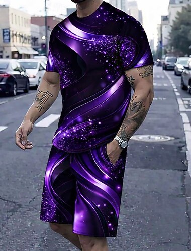  Herre Galakse 2stk T-skjorter sett Sommertopper Kortermet Korte bukser Crew-hals Sport Fritid trendy Daglig Feriereise Ut på byen 3D-utskrift Sommer Blå Rød Lilla