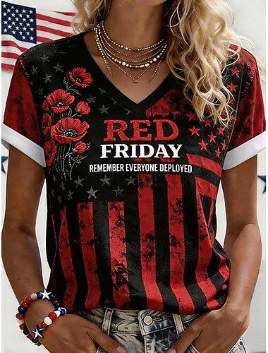  レディース レッドフライデー Tシャツ グラフィックレター スタイリッシュ クラシック カジュアル 半袖 Vネック レギュラー トップス デイリー お出かけ 週末 ブラックとレッド