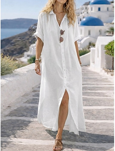  Damen Maxikleid Kunstbaumwollleinen Hemdblusenkleid Freizeitkleid Basic Lässig Täglich Urlaub Normale Passform Einfach Langarm Hemdkragen Weiß Hellgrün Rosa Sommer