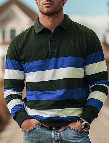  Herre Horisontale strips Rugby Polo Langermet Poloskjorter Skjorter med krage Fritid utendørs treningsklær 3D-utskrift Vår Høst Blå Rød Brun