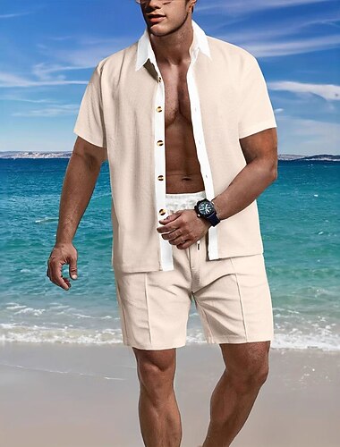  Herren Zweiteilig Hemd Set Sommer-Set Und Set Kontrastfarbe Lässig Täglich Strand Hemdkragen Kurzarm Kurze Hose Sommer Mode Lässig Bequem Bekleidung