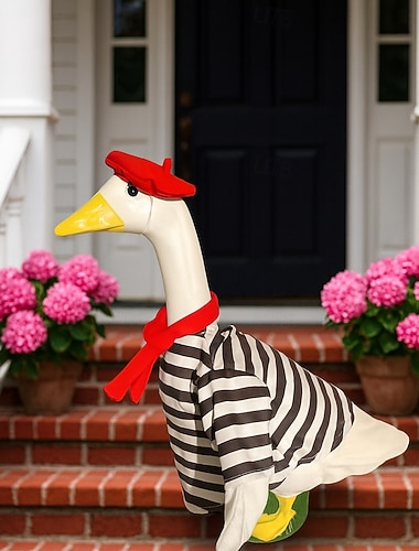  Roupa de ganso para varanda com boina vermelha e cachecol, camisa listrada para estátua de ganso de concreto de 58 a 63 cm (23 a 25 polegadas), acessórios de decoração para jardim na primavera e no