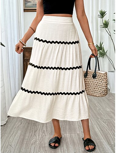 Damen Urlaubsrock Elegant Mode Lässig Maxi Hohe Taille Röcke Einfach Patchwork Dehnbar Täglich Urlaub Beige Sommer Nylon Viskose