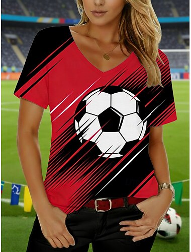 Per donna Maglietta Stampato Grafico Calcio Elegante Classico Casual Manica Corta Scollo a V Top Regolari Quotidiano Sportivo Uscire Bianco Rosso Arancione Estate Primavera