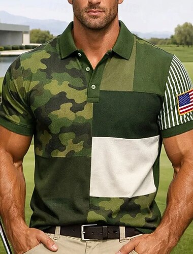  4 juillet 2026, 250e anniversaire Homme Drapeau Américain Golf Polos de Sport Manche Courte Polos Chemises à Col Occasionnel Athleisure Boutons Printemps & Été Vert Vert Véronèse Noir