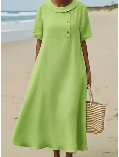  Dame Midikjole Solkjole Kjole med A-linje Sommerkjole Ferie Fritid Bohem Strand Ferie Sommerkjole Løstsittende عادي Kortermet Knaphul Hvit Oransje Grønn Sommer