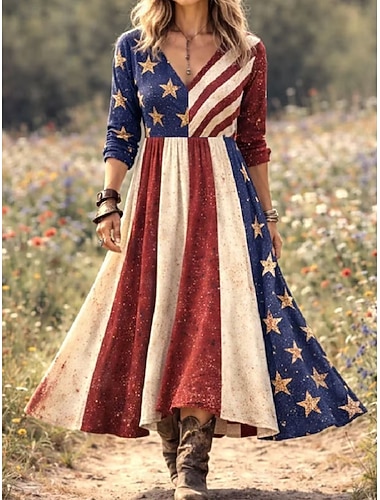  Amerikanischer Unabhängigkeitstag Damen Midikleid Faltenkleid Party Lässig Boho Date Normale Passform Grafik Flagge Sternenbanner Langarm V Ausschnitt Rote Sommer Frühling