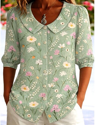  Dames Overhemd Bloemig Grafisch Vintage Stijlvol Peter Pan kraag Croptops Dagelijks Feestdagen Uitgaan Lichtgroen Blozend Roze Oranje Zomer Lente