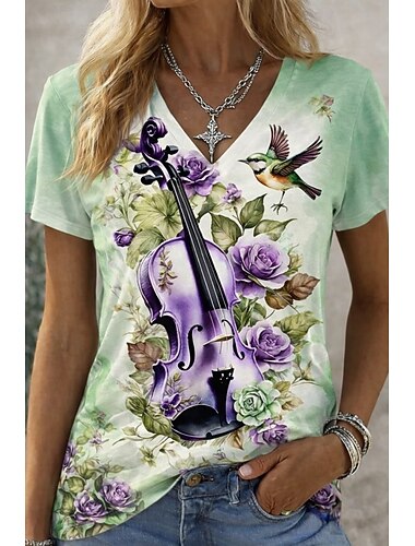  Dames T-shirt Afdrukken Bloemig Grafisch Muziek Vintage Stijlvol Klassiek Korte mouw V-hals Normale tops Dagelijks Sportschool Sport Wit Lichtgroen Zomer Lente