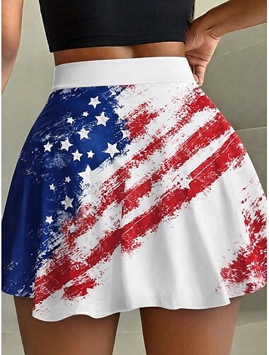  Patriottische rok voor Onafhankelijkheidsdag, vakantierok voor dames, modieuze Hawaïaanse strandkleding, badpakbroekje, minirok met hoge taille, grafische print, rekbaar, geschikt voor dagelijks