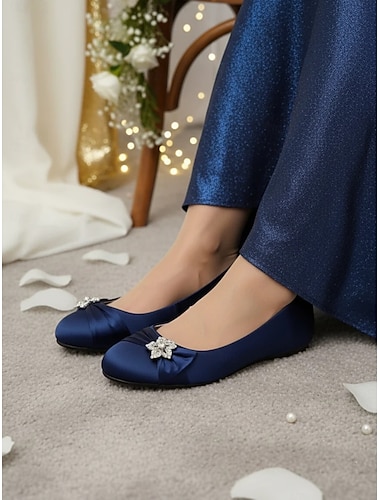  scarpe da sposa per la madre della sposa/sposo, ballerine eleganti in raso blu navy per donna, scarpe da sposa con tacco basso e dettaglio in strass, comode décolleté da sera
