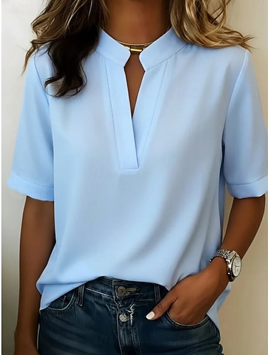  Dame T skjorte T-skjorte عادي Mote Stilfull Klassisk Kortermet V-hals Vanlige topper Daglig Ut på byen Helg Svart Hvit Rosa Himmelblå Blæk Blå Sommer Vår