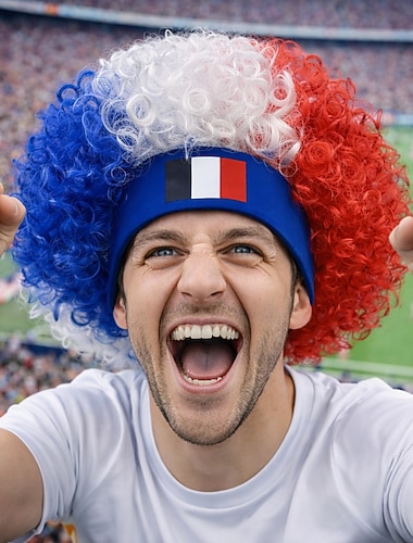  perruque de supporter de match rouge, blanc et bleu de France
