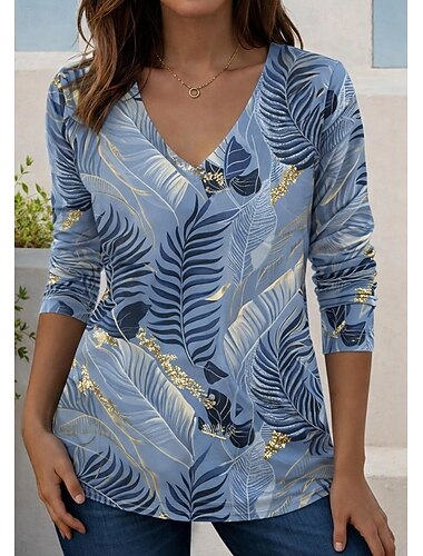  בגדי ריקוד נשים חולצה קצרה דפוס פרחוני גראפי שיפוע אלגנטית וינטאג' מסוגנן שרוול ארוך צווארון עגול קצר צווארון V חולצות רגילות יומי פול משמש קיץ אביב סתיו