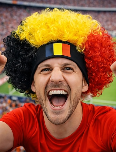  Perruque afro noire, jaune et rouge de pom-pom girl belge pour événements sportifs