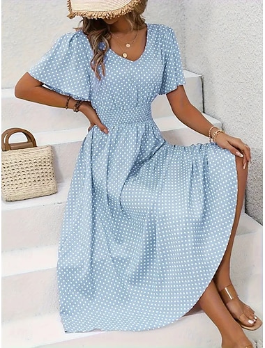  Damen Midikleid Freizeitkleid Druckkleid Elegant Mode Modern Outdoor Urlaub Ausgehen Normale Passform Tupfen Kurzarm V Ausschnitt Blau Schwarz Gelb Rosa Sommer Frühling