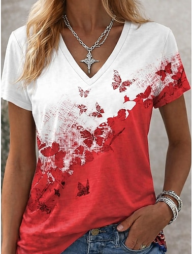  Dame T skjorte Fargeblokk Trykt mønster Grafisk Dyr Abstrakt Årgang Stilfull Klassisk Kortermet V-hals Vanlige topper Daglig Helg Blå Svart og Rød hvit rød Sommer Vår Høst