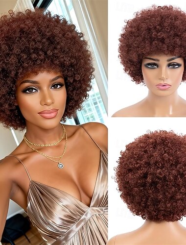  Peruca afro curta, crespa e encaracolada com franja, sem cola, para homens e mulheres negros. Estilo disco dos anos 70, com volume, cabelo sintético resistente ao calor e aparência natural, ideal para