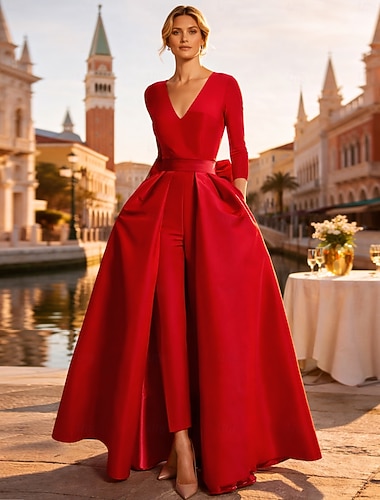 Deux Pièces Combinaisons Longueur au sol Détachable Robe de Soirée Élégant manche longue Col en V Mariage robe demoiselle d honneur Poche Tissu Extensible avec Papillon